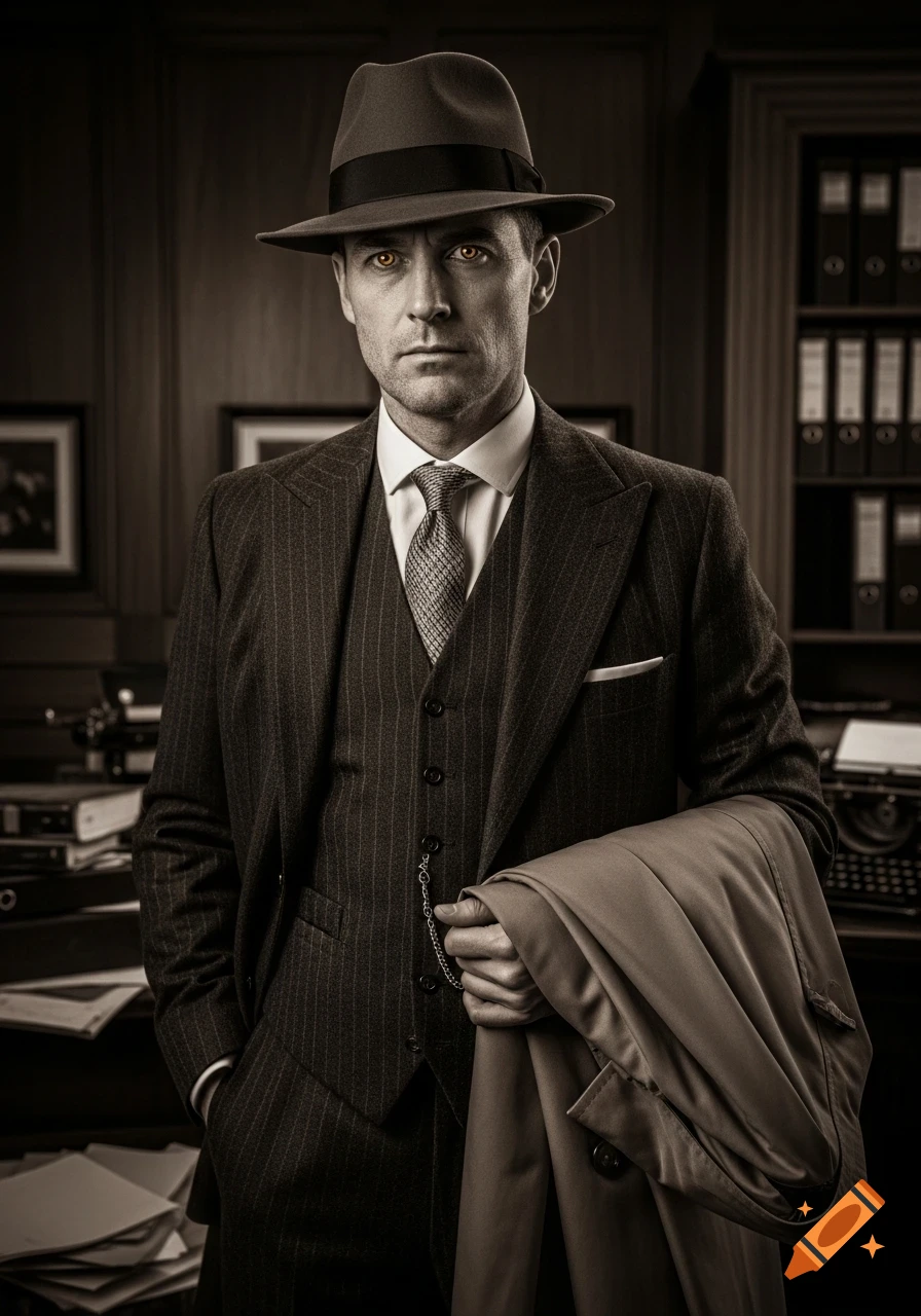 Sepia-toned portrait of a man in a 1920s pinstripe suit, fedora, and trench coat, with glowing amber eyes, in a vintage office.