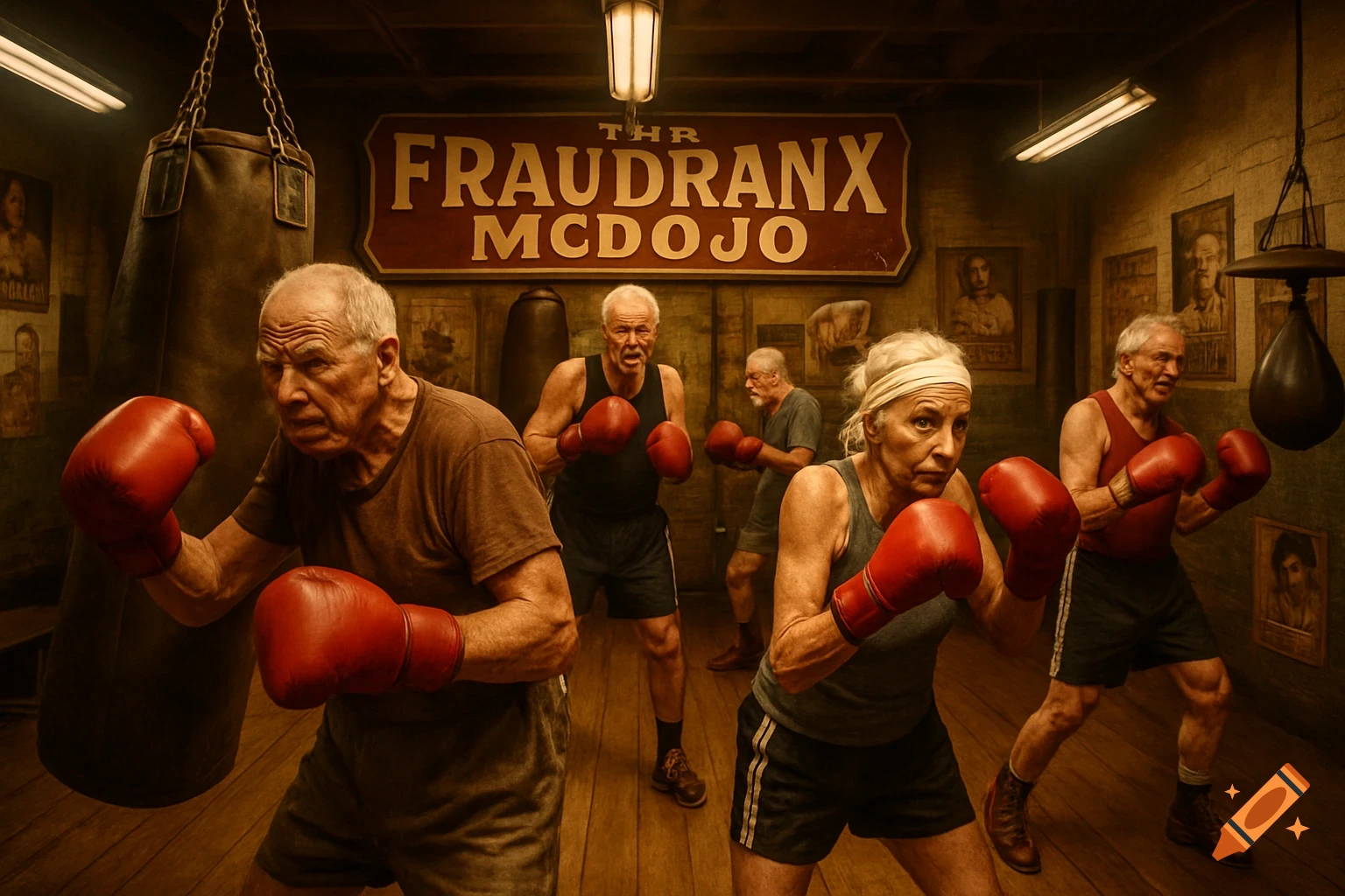 Elderly boxers in red gloves train in a dimly lit gym with a prominent sign reading "THR FRAUDRANX MCDOJO".