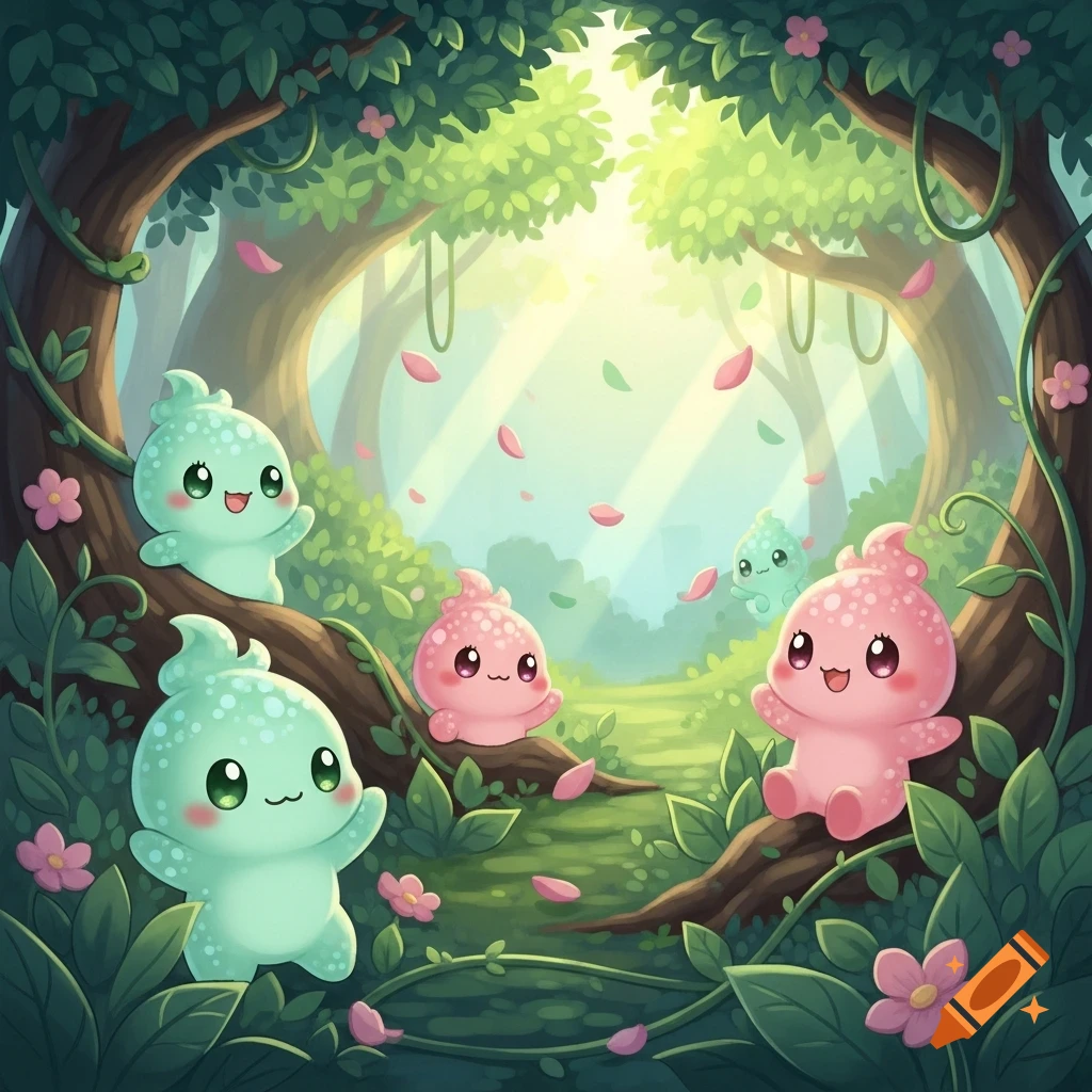 Cute, blob-like mint green and pink creatures with big eyes and smiles in a whimsical, sunlit forest with falling pink petals.