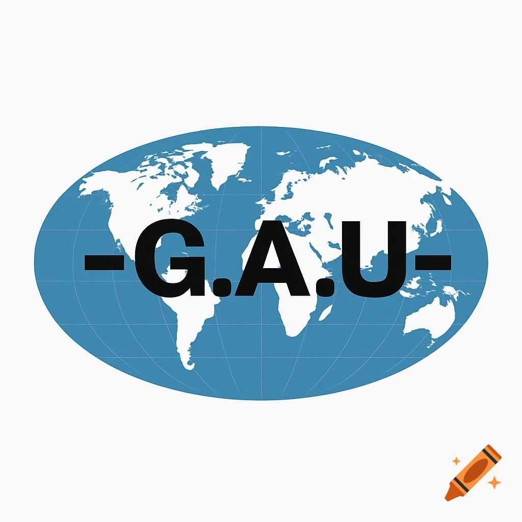 Flat vector logo: oval blue world map with white continents and subtle grid lines, centered with bold black text '-G.A.U-' on a white background.