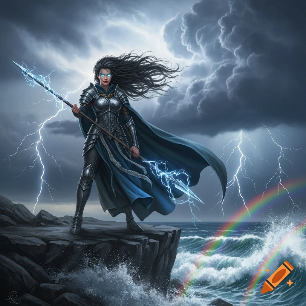 A powerful female warrior in ornate silver armor and a blue cloak stands on a stormy cliff overlooking the sea, holding an electric spear, with lightning and a rainbow in the sky.