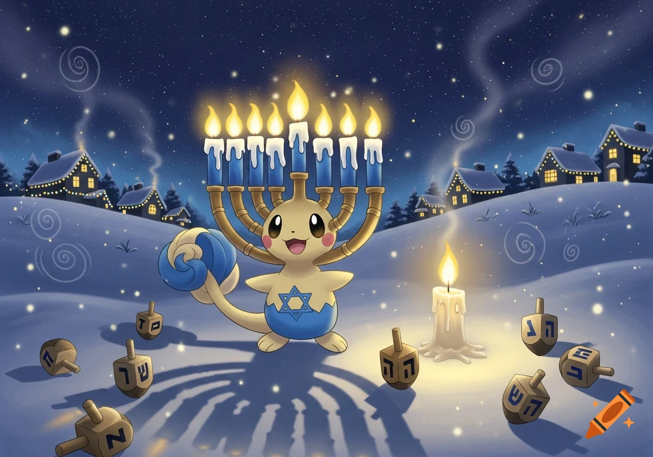 A cute Pokémon-like character holds a lit menorah in a snowy village at night, surrounded by dreidels.
