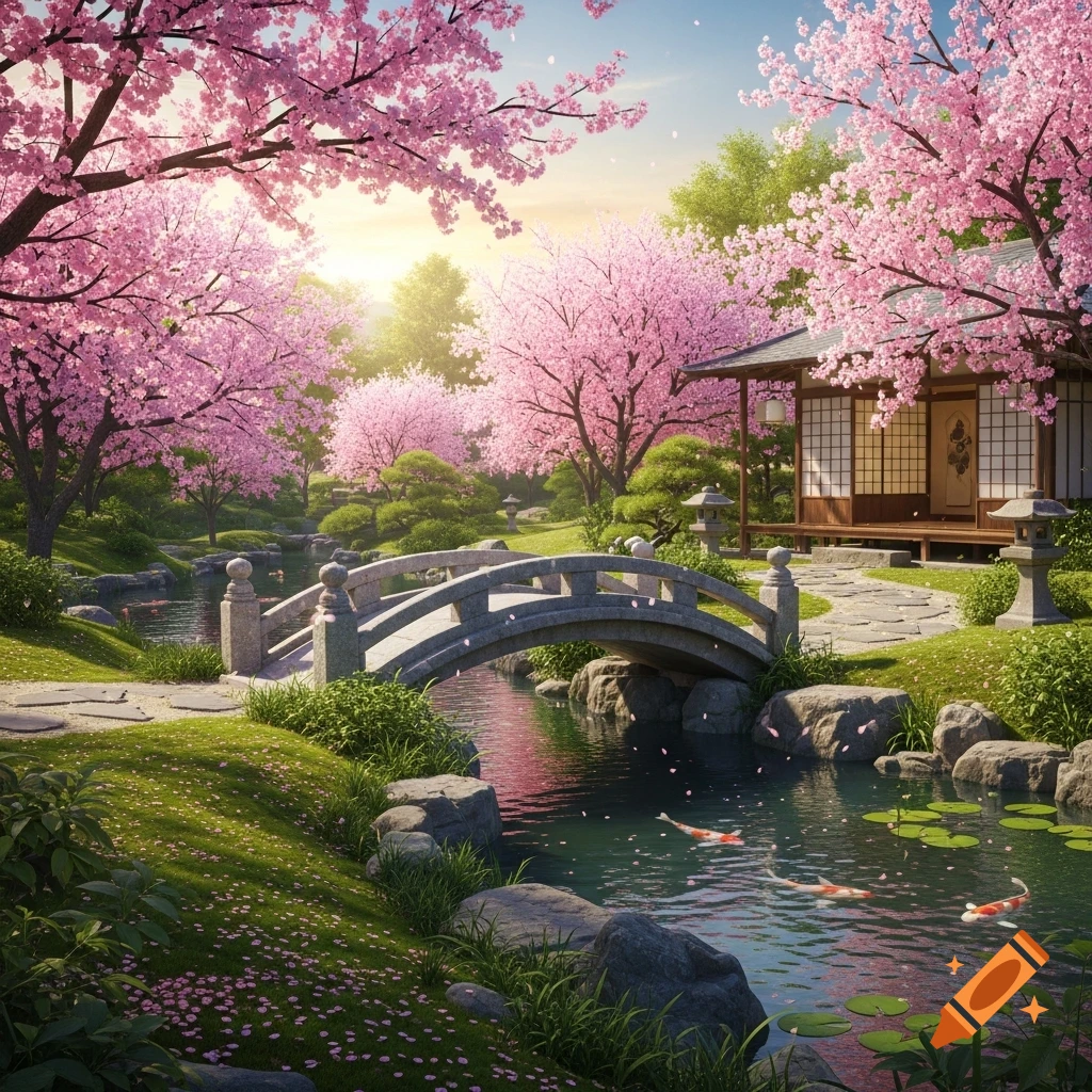 A beautiful Japanese garden with pink cherry blossoms, a stone bridge over a stream with koi fish, and a traditional house.
