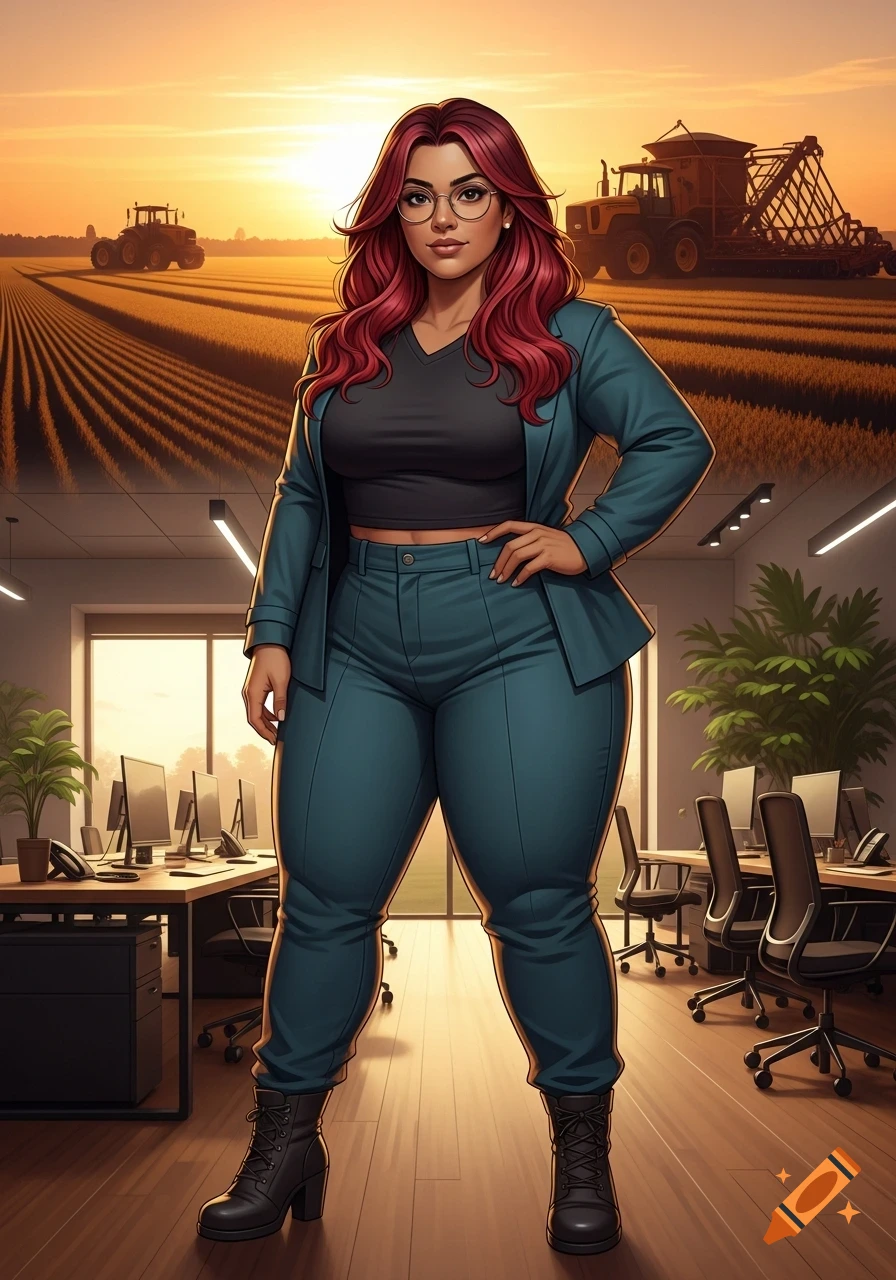Digital art of a confident woman in a teal pantsuit and red hair, standing in a composite scene of an office and a farm field at sunset.