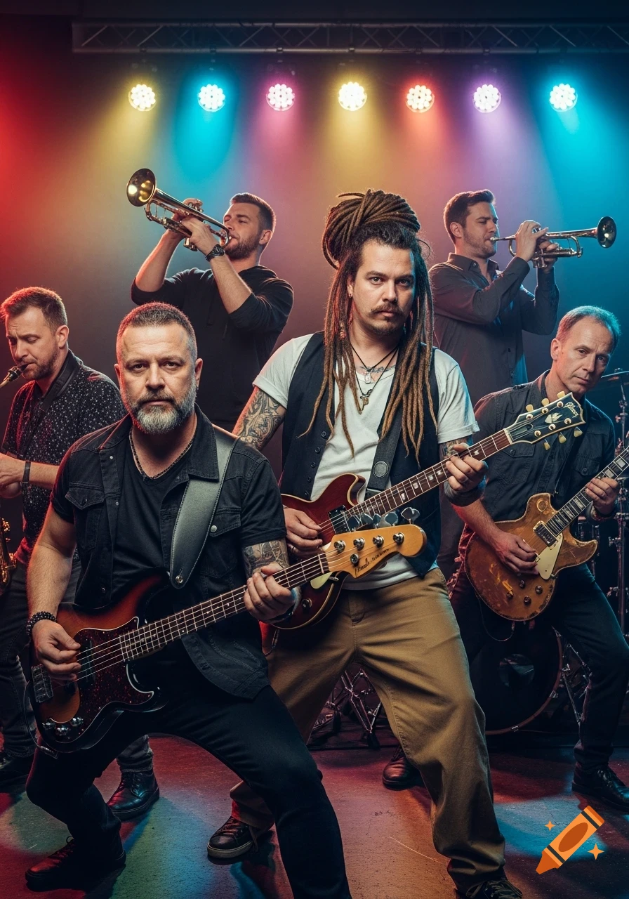 A six-person band performs live on stage under colorful spotlights, featuring guitars, a bass, two trumpets, and a saxophone.