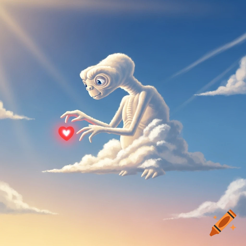 E.T. alien made of clouds in a blue sky, holding a glowing red heart.