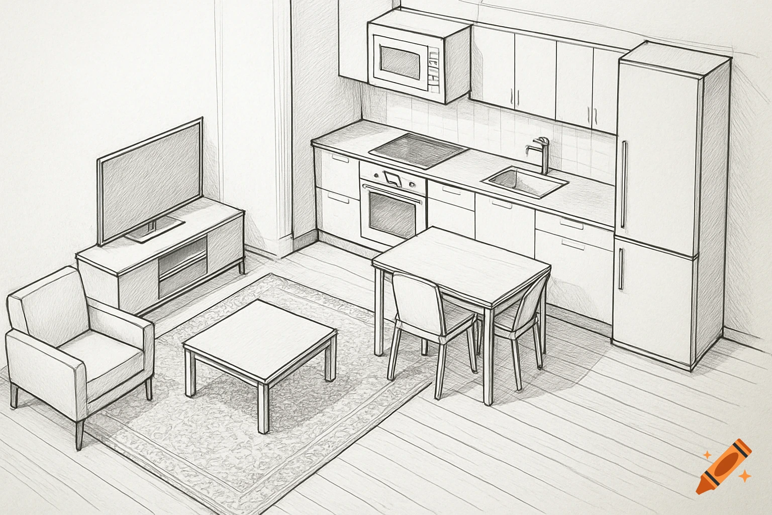 Overhead line drawing of a combined living room and kitchen with furniture arranged in a floor plan layout.