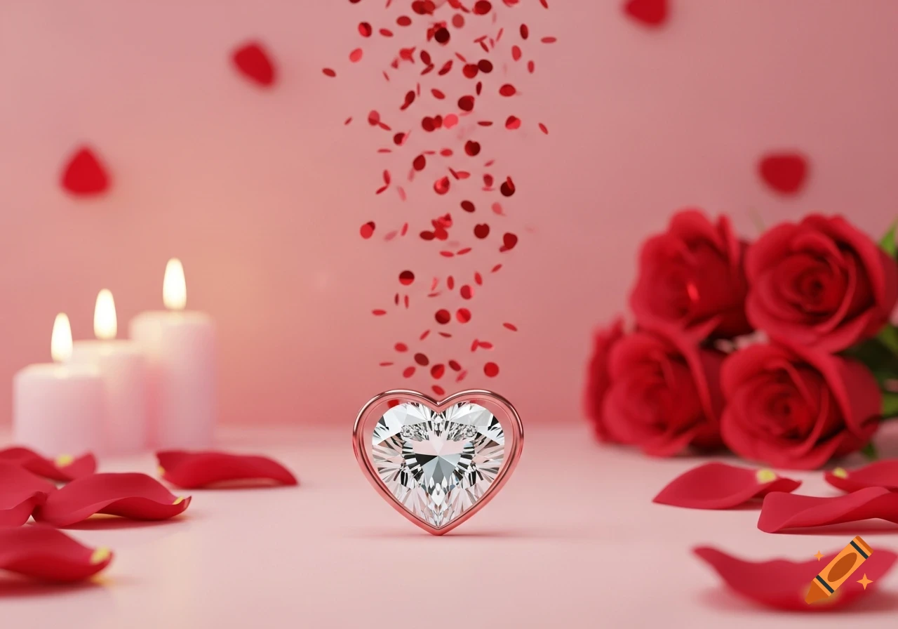 A heart-shaped diamond, surrounded by red roses, lit candles, and scattered rose petals on a pink background.