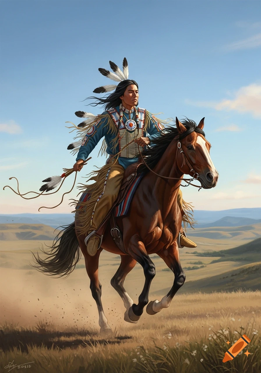 Native American man in traditional attire with feathers, riding a brown horse across a sunny, grassy plain.