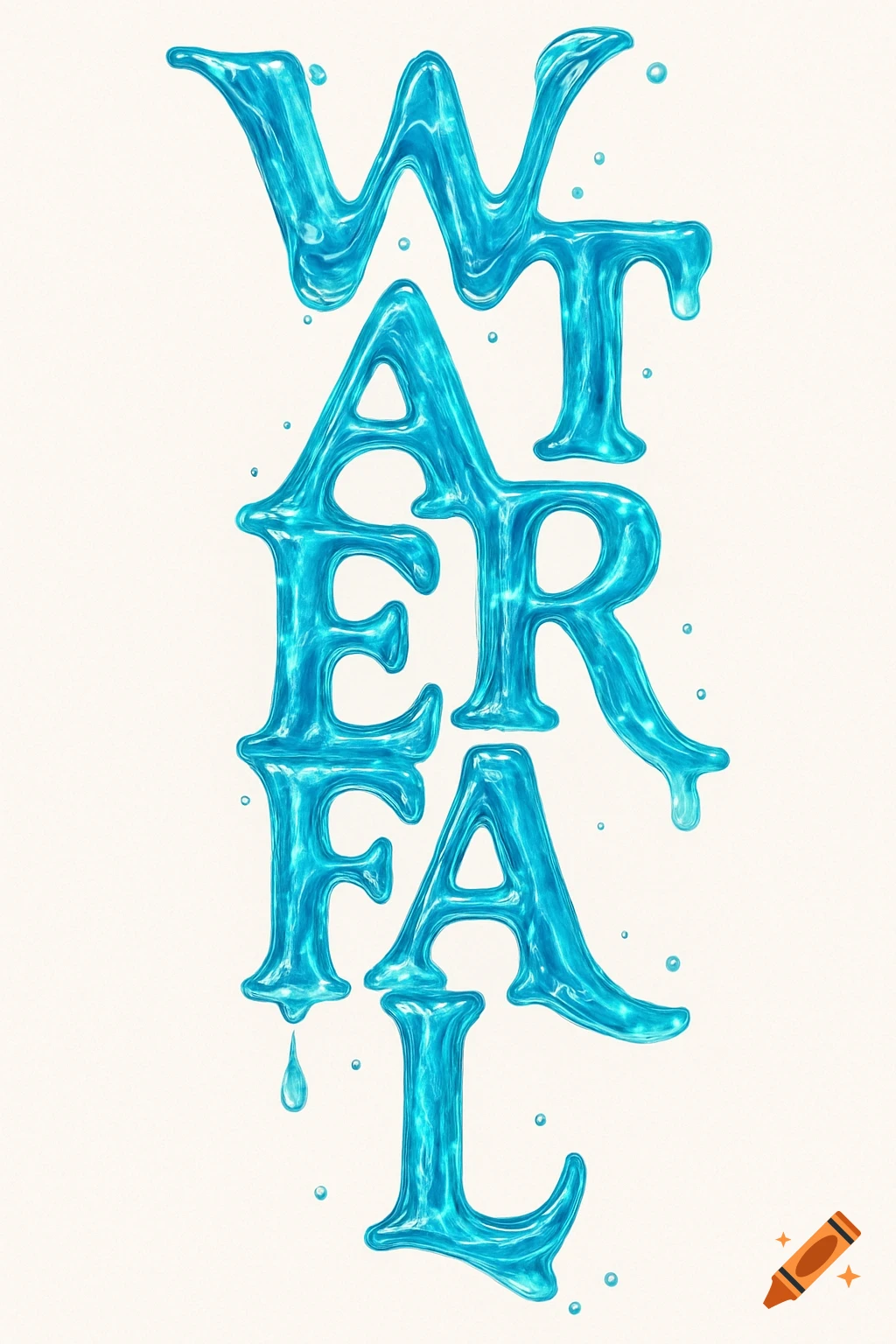 The word WATERFALL rendered vertically in a shiny, transparent blue water-like font, with drips and splashes, on a light background.