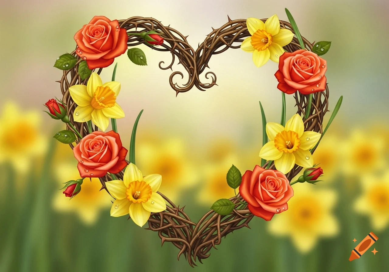 A heart-shaped wreath of thorny branches, orange roses, and yellow daffodils on a blurred yellow and green floral background.