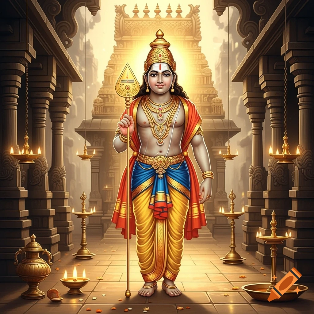 Lord Murugan stands gracefully, holding a golden vel spear, amidst a divine glow in a traditional South Indian temple.