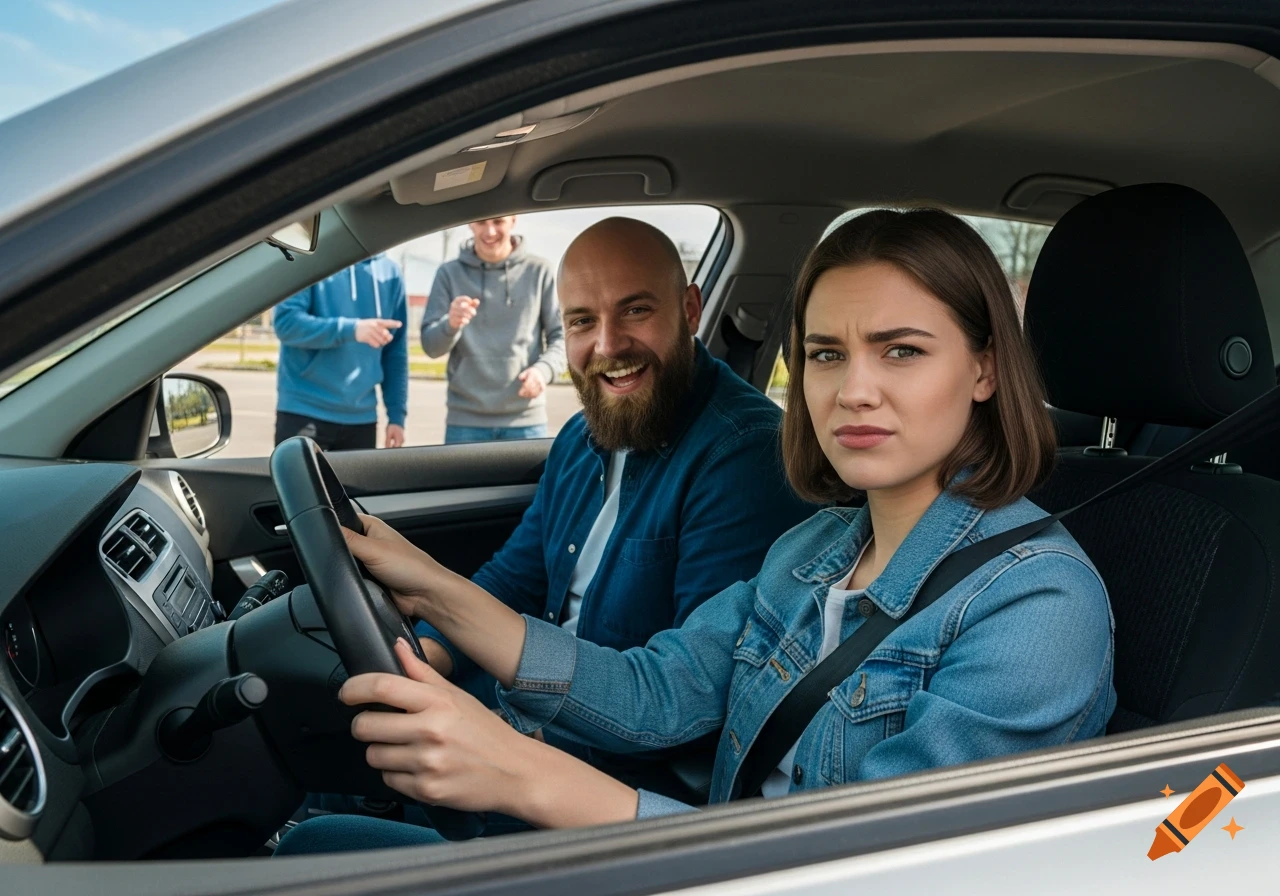 A frustrated woman drives a car as a laughing instructor and two men outside mock her. Photorealistic.