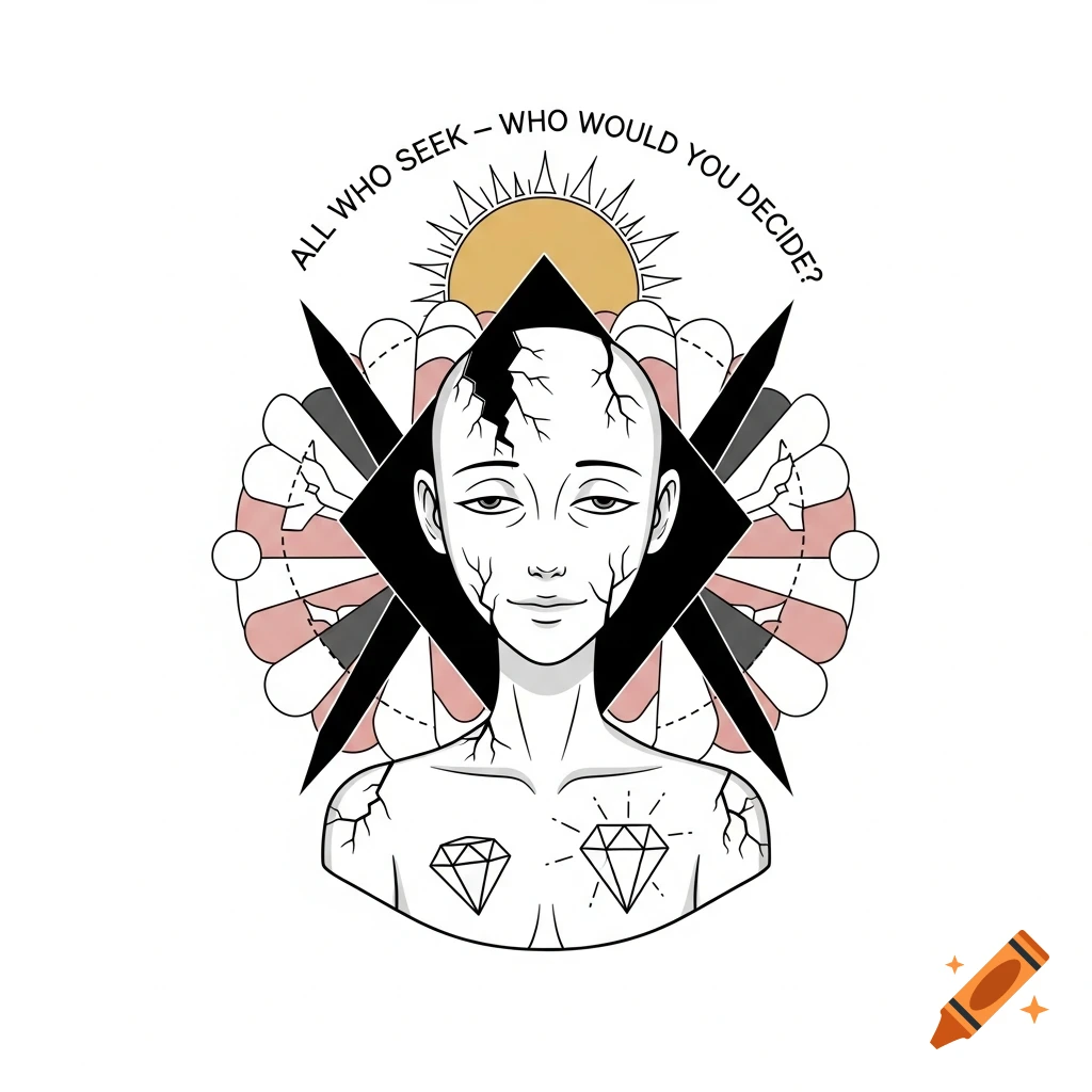 Stylized illustration of a cracked humanoid figure with diamonds on its chest, under a muted sun and text 'ALL WHO SEEK - WHO WOULD YOU DECIDE?'.