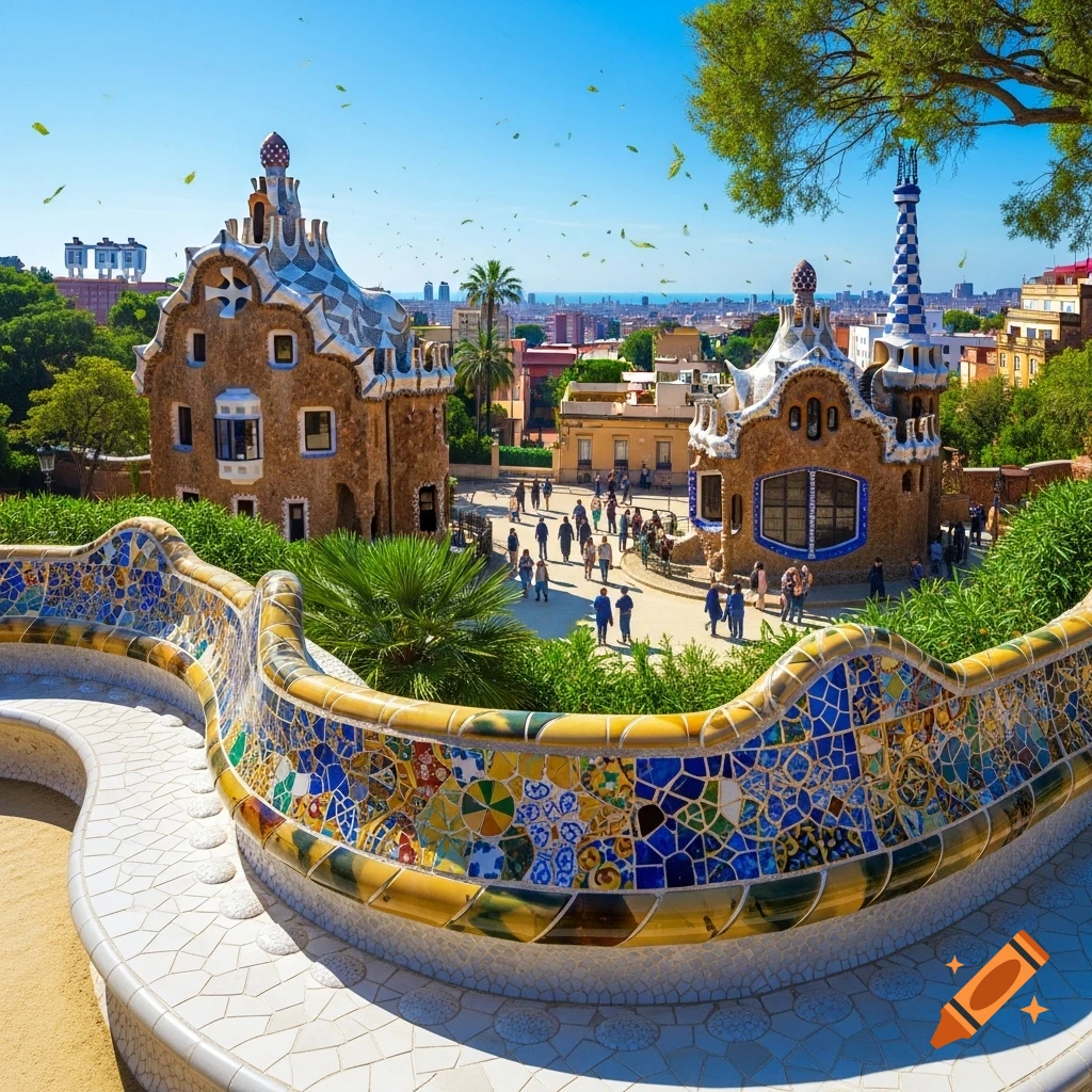 Photorealistic view of Park G ants in Barcelona, featuring mosaic-covered curved benches, unique buildings, and visitors under a clear blue sky.