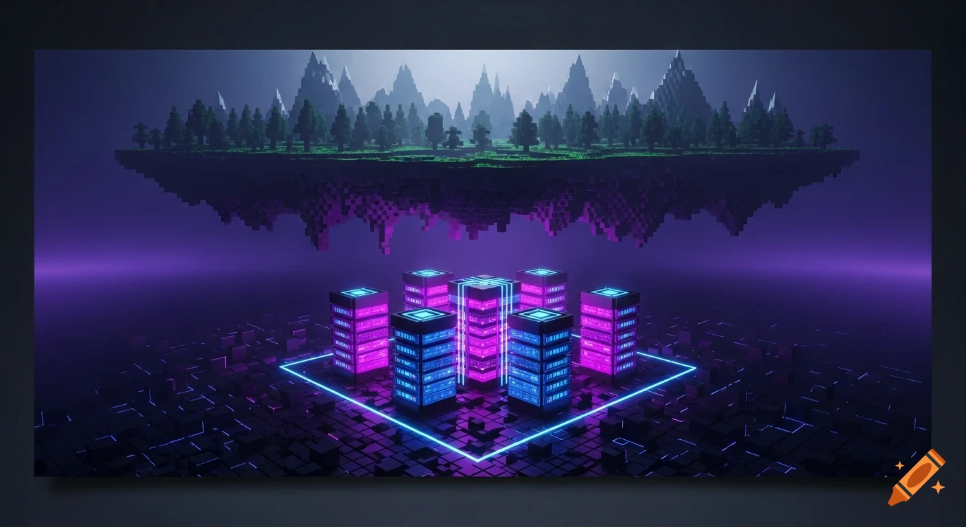 A futuristic voxel art landscape with glowing neon server towers below a floating island of pixelated trees and mountains, bathed in purple and blue light.