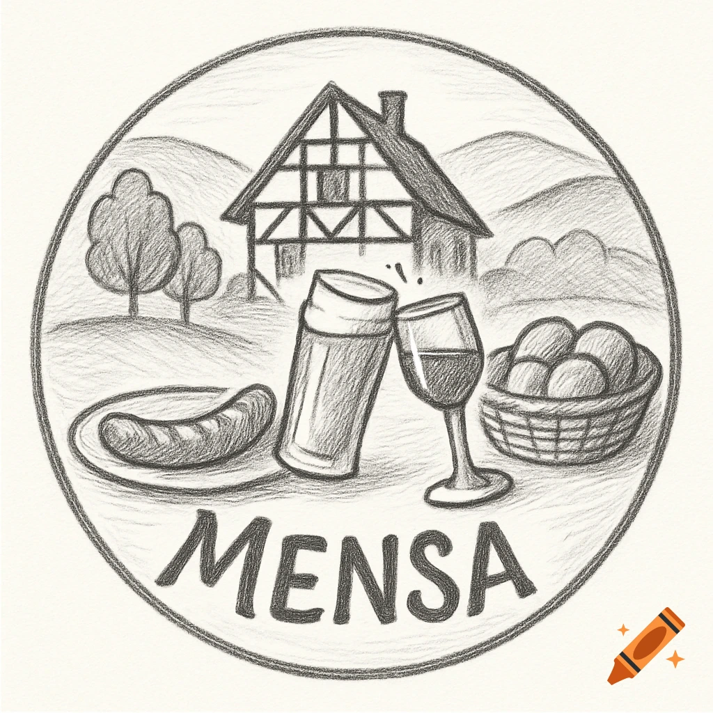 A pencil sketch logo showing a half-timbered house, trees, a sausage, a beer, a wine glass, and a bread basket with the word 'MENSA' below.