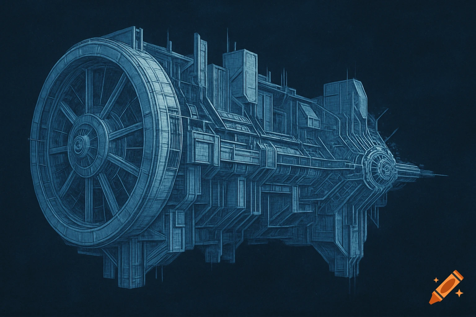 A blue monochrome blueprint sketch of a brutalist futuristic cylindrical spacecraft.