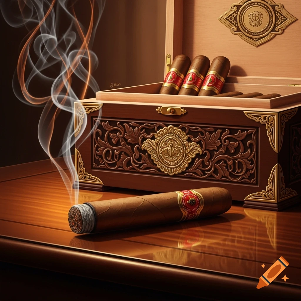 A lit cigar with smoke rests on a glossy wooden table, with an ornate open cigar box containing more cigars in the background.