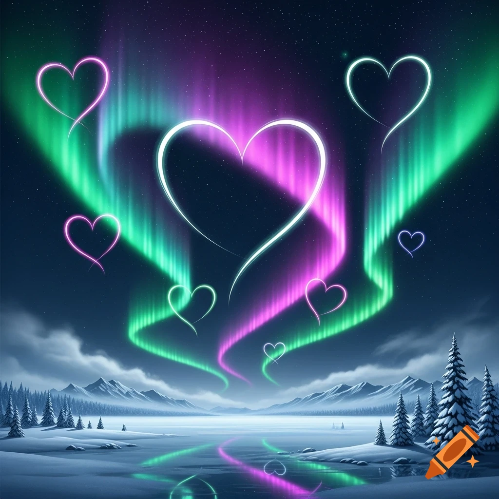 Green and purple aurora borealis forming heart shapes over a snowy winter landscape with mountains and evergreen trees.
