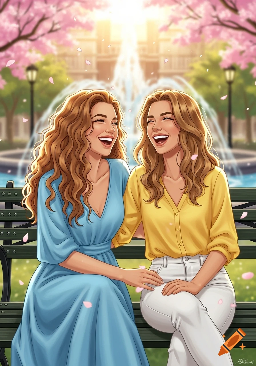 Two illustrated women with long, curly hair laugh together while sitting on a park bench under blooming cherry trees with a fountain in the background.