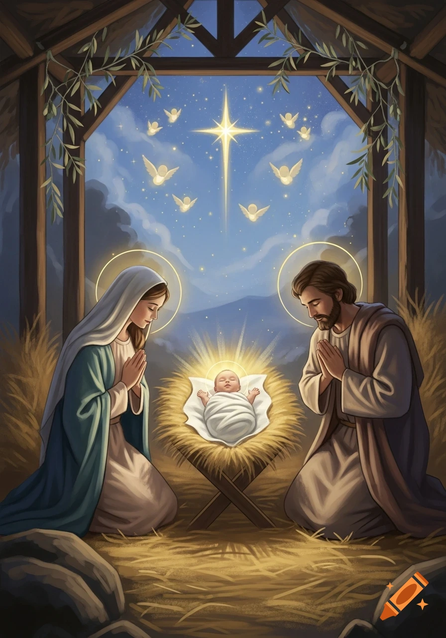 Mary and Joseph kneel reverently before baby Jesus in a glowing manger, under a starry night sky with angels and the Star of Bethlehem.