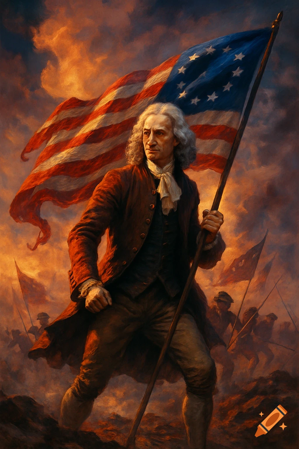 Dramatic painting of a man in 18th-century attire with an American flag against a fiery, cloudy sky. Distant figures hint at a battle.
