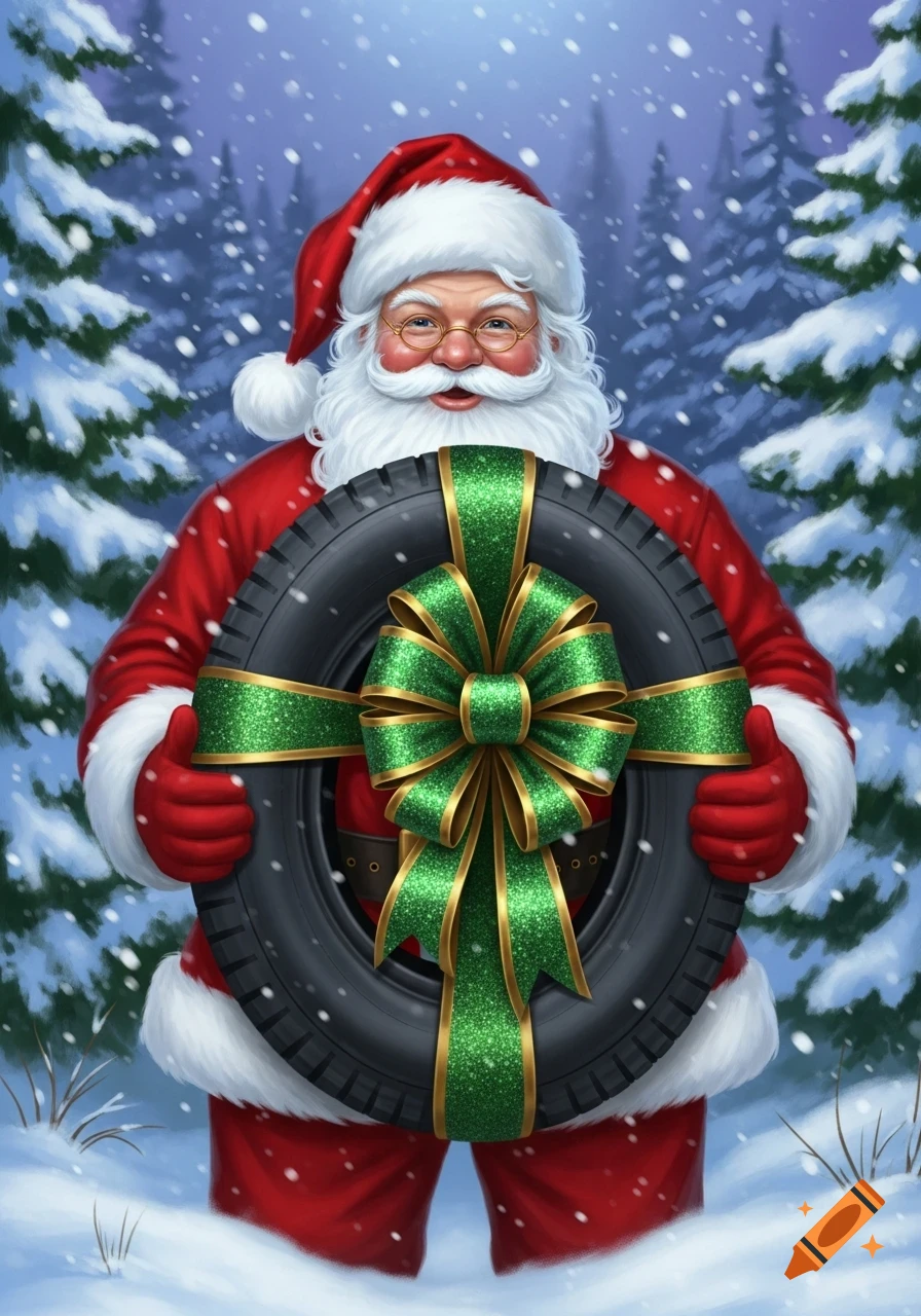Santa Claus stands in a snowy forest, holding a car tire wrapped with a large green glittery Christmas bow.
