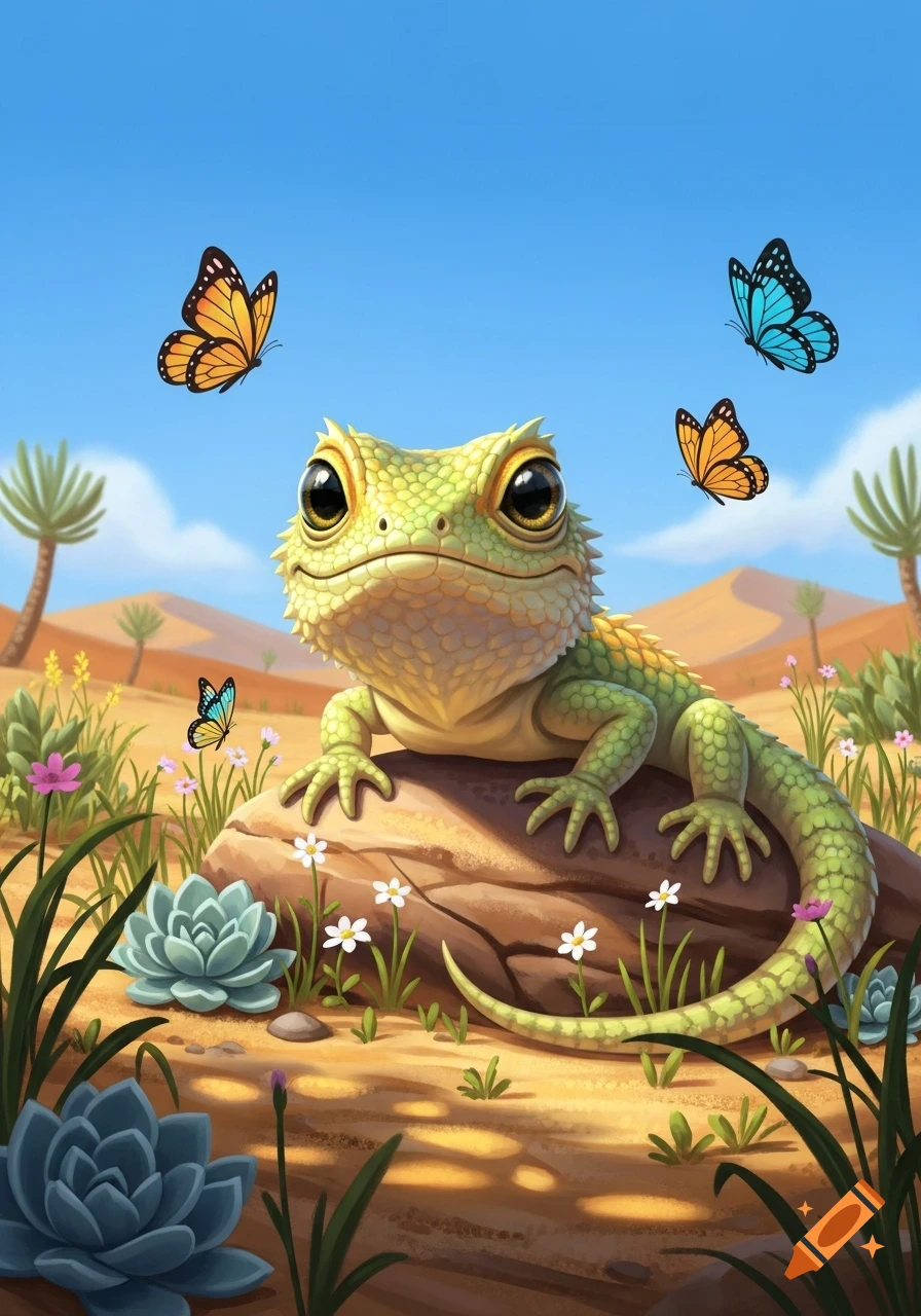 A cute, big-eyed green lizard sits on a rock in a sunny desert landscape with blooming succulents and colorful butterflies. Cartoon style.