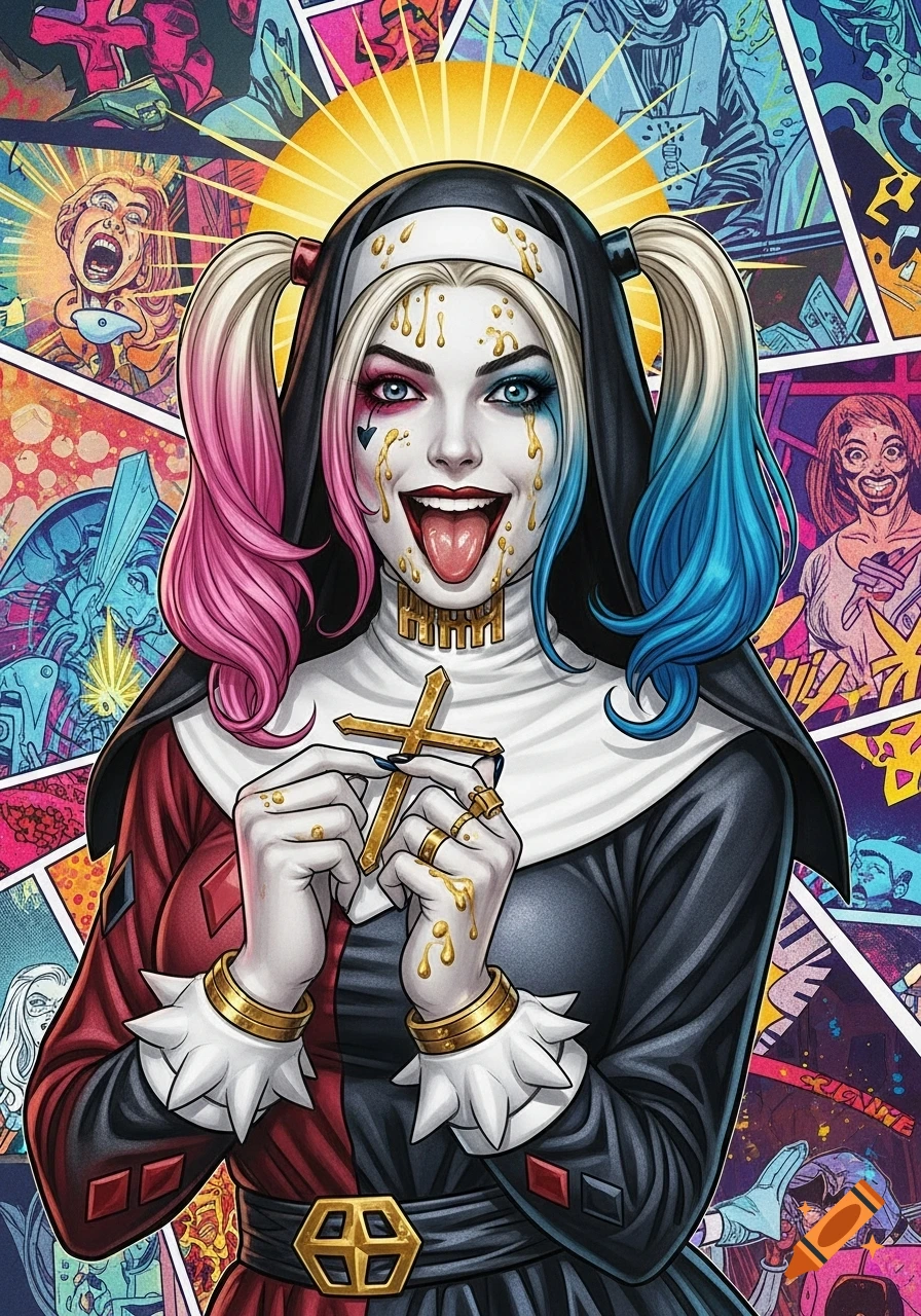Harley Quinn as a nun with pink and blue pigtails, gold liquid on her face, tongue out, holding a cross, in vibrant comic art style.