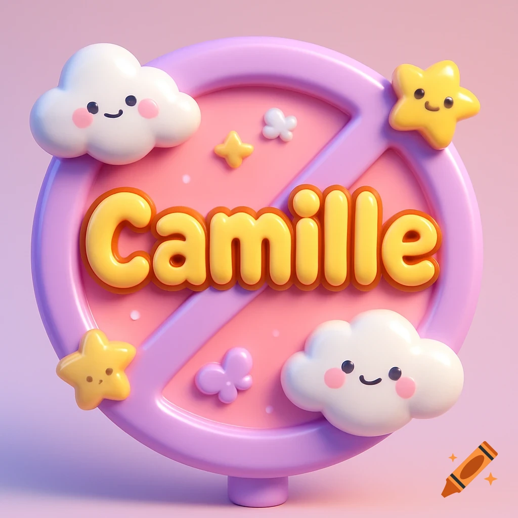 Cute 3D pastel 'no' sign with 'Camille' in yellow bubble letters, smiling clouds, stars, and butterflies.
