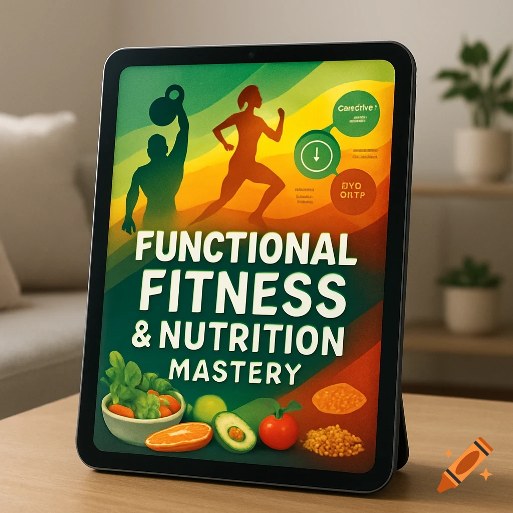 A tablet displays a colorful ebook cover for 'Functional Fitness & Nutrition Mastery' with fitness silhouettes and healthy food.