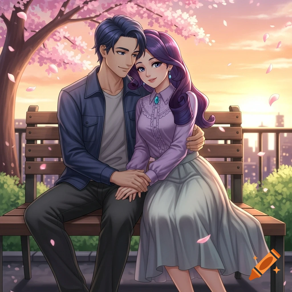 Anime couple on a park bench under a cherry blossom tree, holding hands, with a sunset city view.