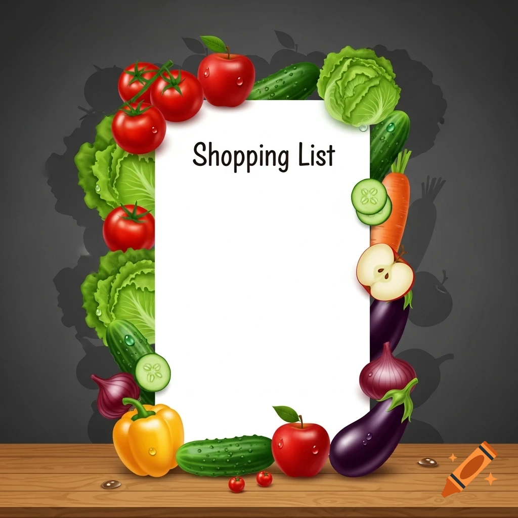 An illustration of a blank shopping list with 'Shopping List' text, framed by colorful fruits and vegetables, on a wooden surface.