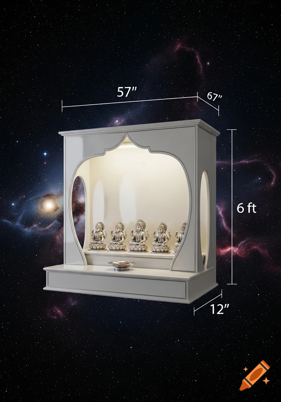 White Hindu mandir with deities against a starry galaxy, marked with dimensions 6ft x 57in x 12in.