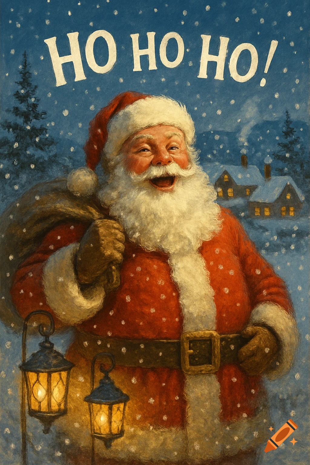 A cheerful Santa Claus holding a sack and lanterns in a snowy winter night with houses and text 'HO HO HO!'