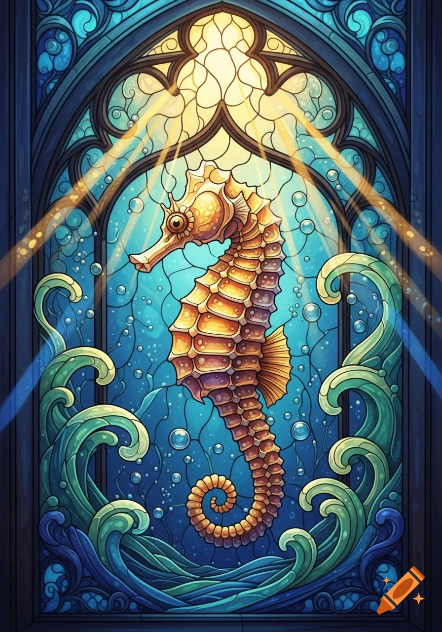 A vibrant stained glass window features a golden seahorse with a curly tail amidst blue water, bubbles, green waves, and golden light rays.