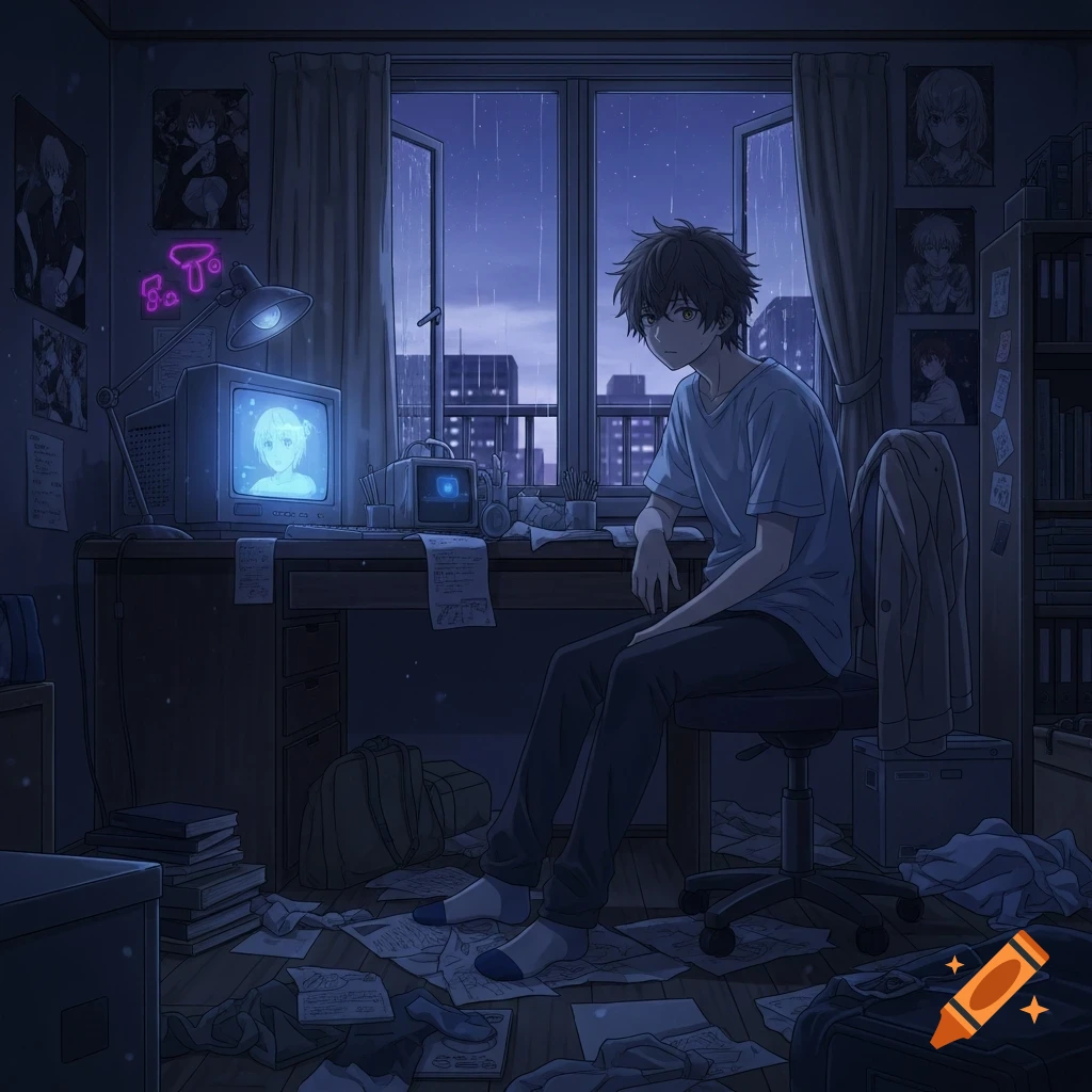 A young man sits on a chair in a dark, untidy anime-style bedroom at night, looking towards the viewer. Rain falls outside the open window, revealing city lights.