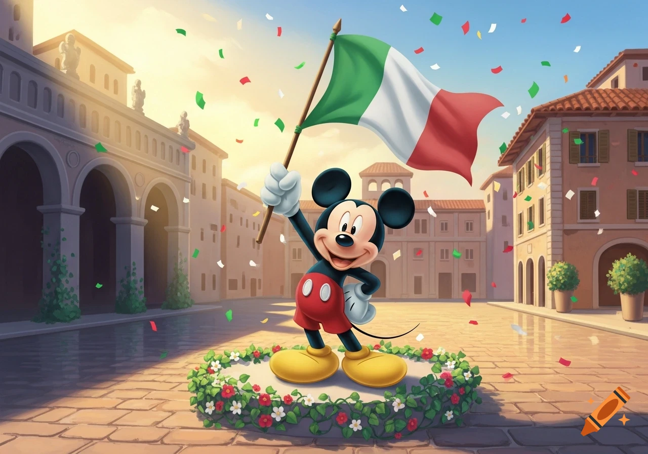 Cartoon illustration of Mickey Mouse waving an Italian flag in a sunny town square with falling confetti and a floral wreath.