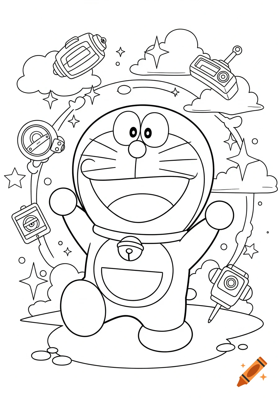 Black and white line art sketch of Doraemon smiling with raised arms, surrounded by space gadgets, stars, and clouds.
