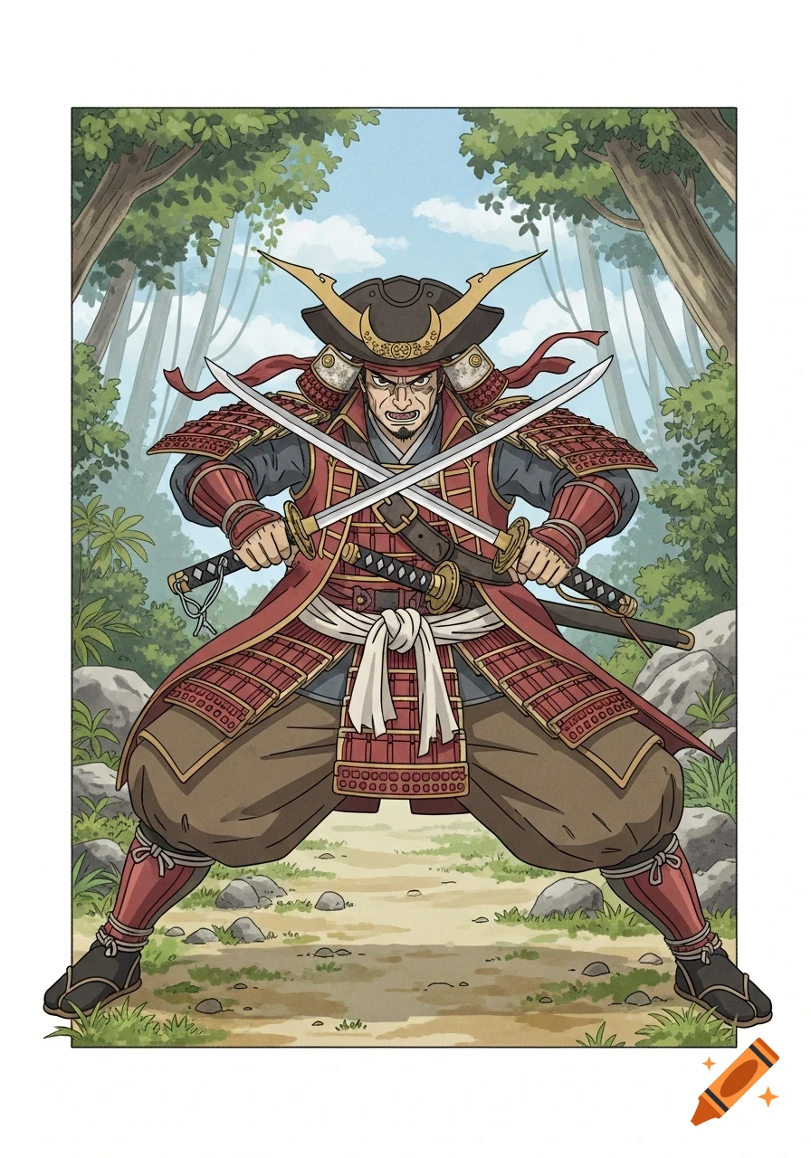 A Ghibli-inspired illustration of a pirate samurai warrior in red armor, holding two crossed swords in a tropical forest.