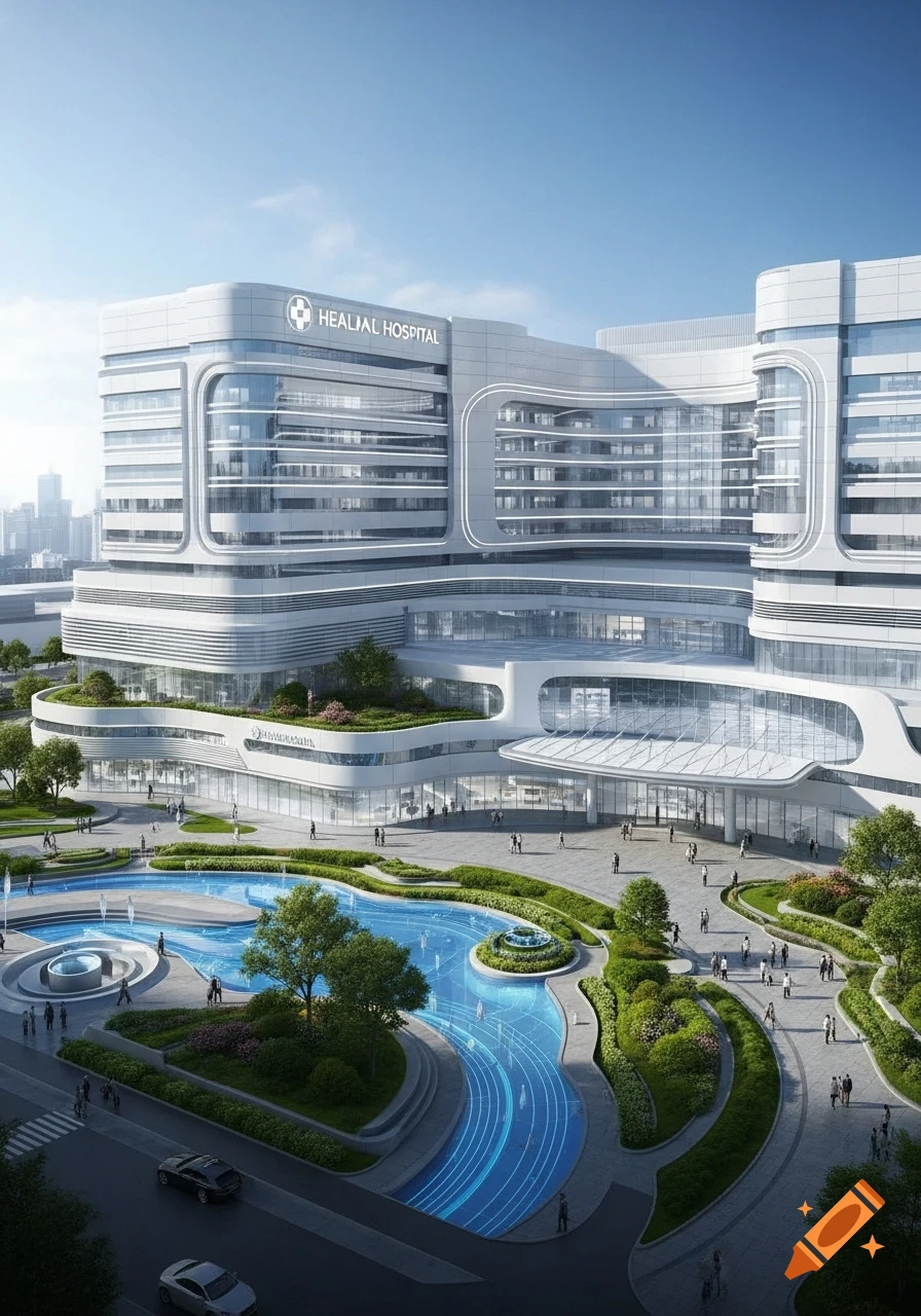 A futuristic white hospital building with green terraces, a blue flowing water feature, and people walking outside on a sunny day.