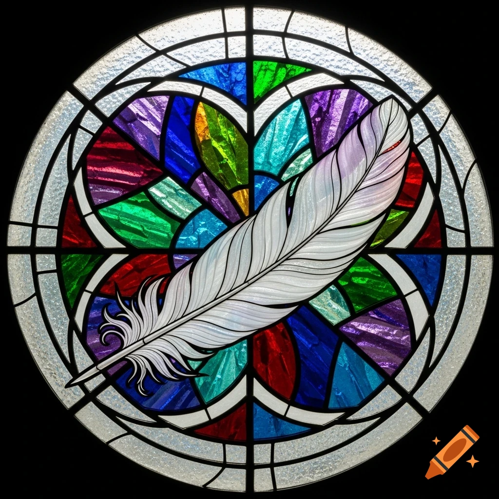 A white feather depicted in a round stained glass window with a colorful background.