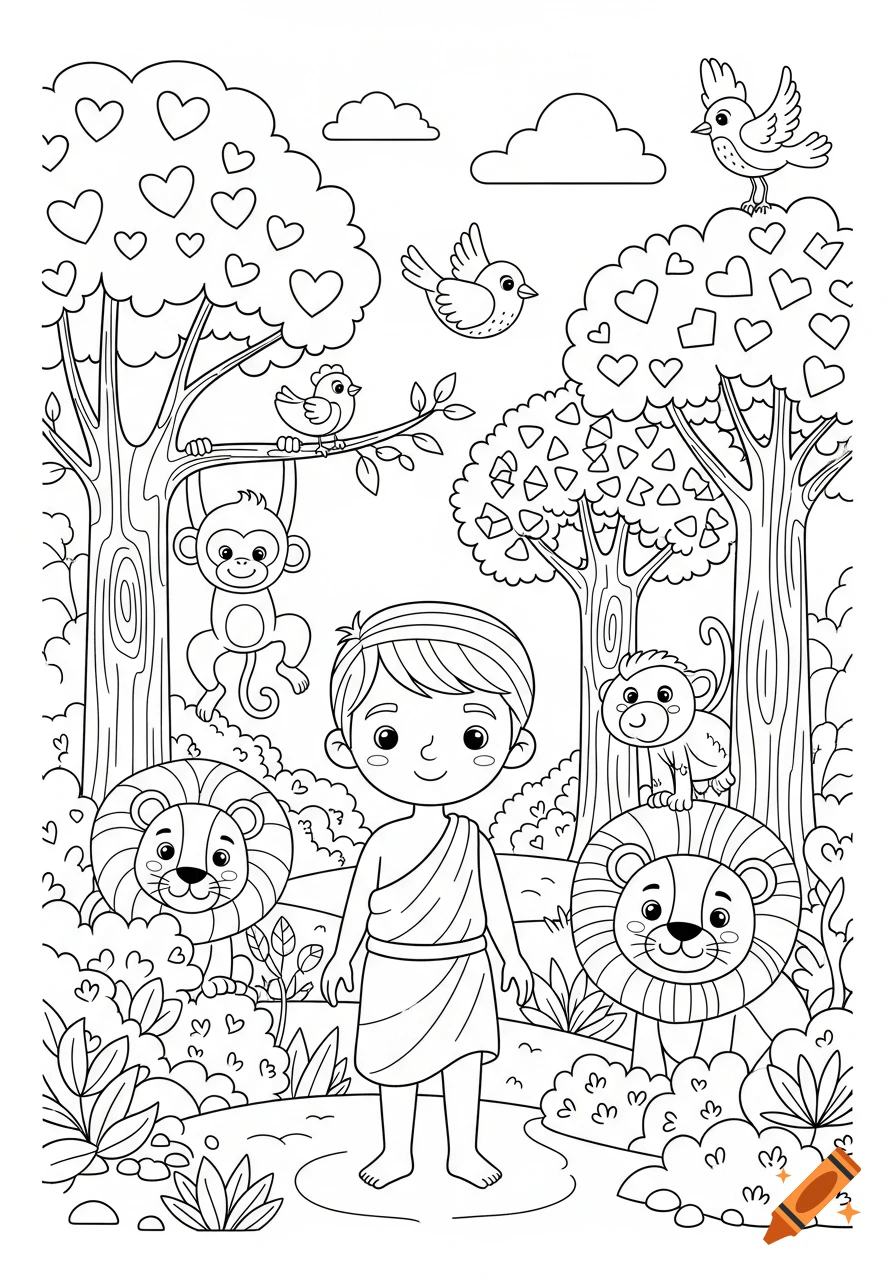 Black and white cartoon coloring page of a boy (Adam) in a forest surrounded by happy animals and trees with hearts.