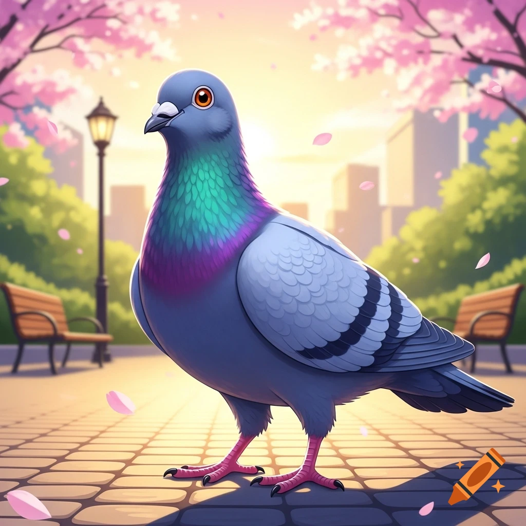 A stylized cartoon pigeon with iridescent neck feathers stands in a park with cherry blossoms, lamp posts, and benches.