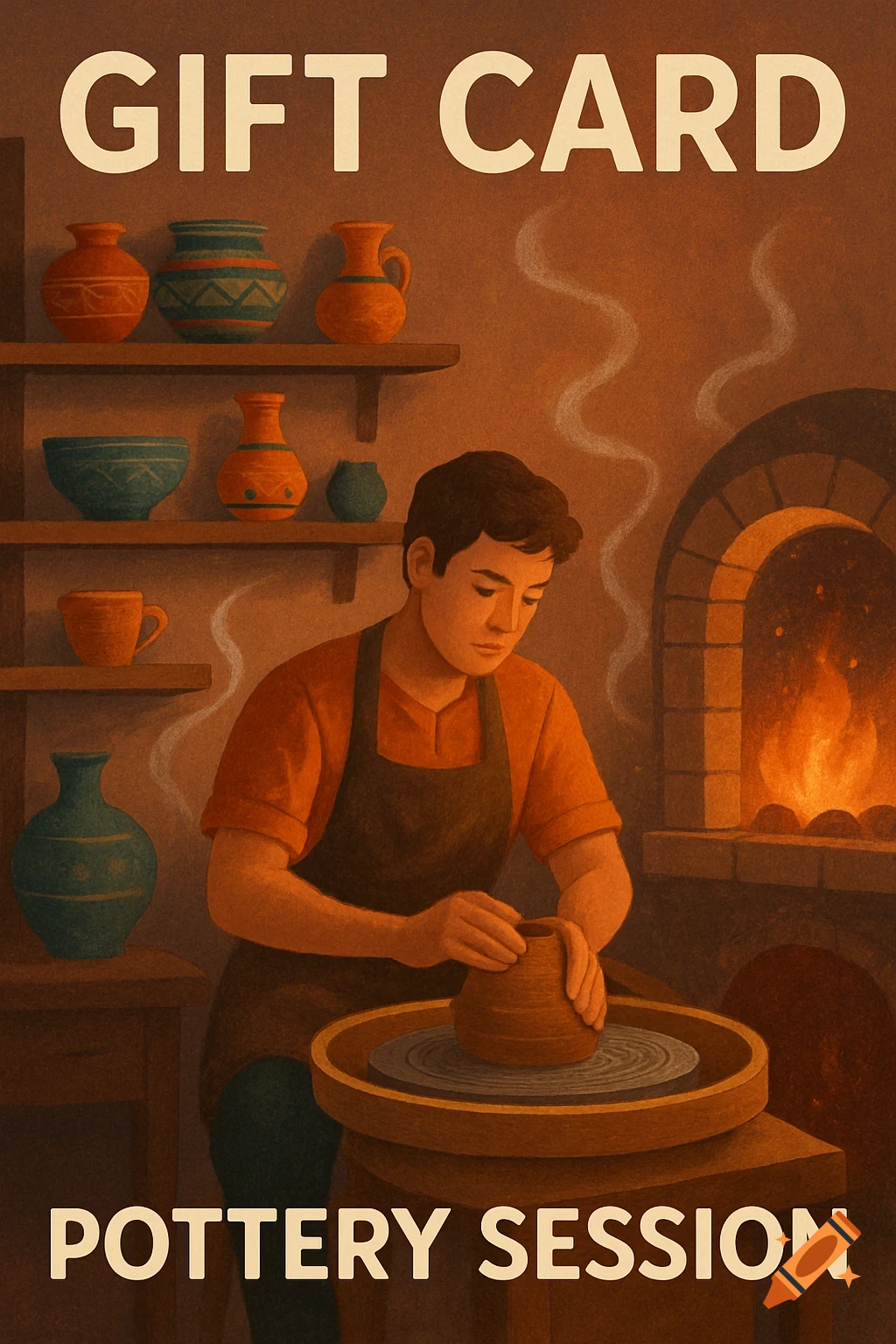 Illustrated gift card with a man making pottery on a wheel, surrounded by pots and a kiln. Text: GIFT CARD POTTERY SESSION.