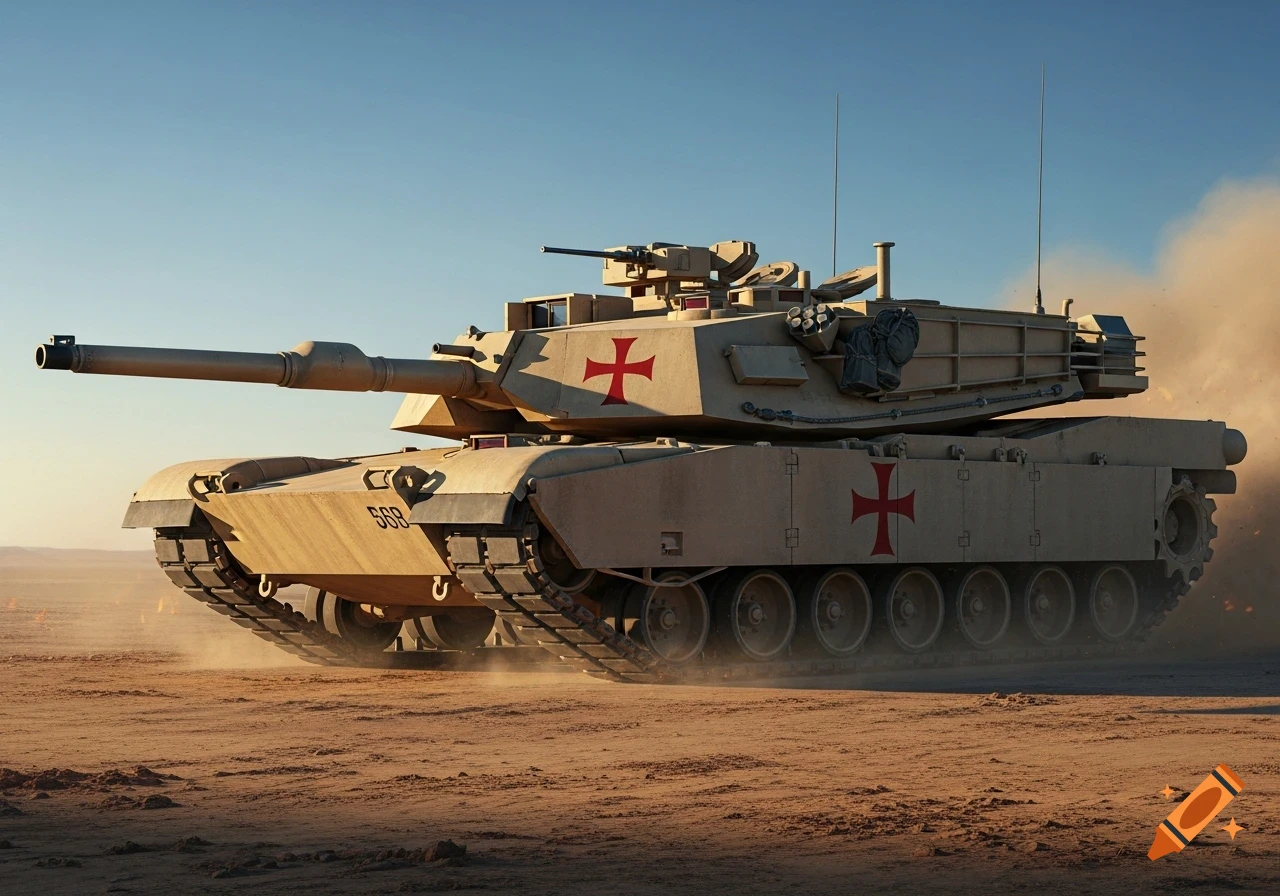 Photorealistic M-1 Abrams tank with red Crusader crosses and '568' marking, moving through a dusty desert landscape.
