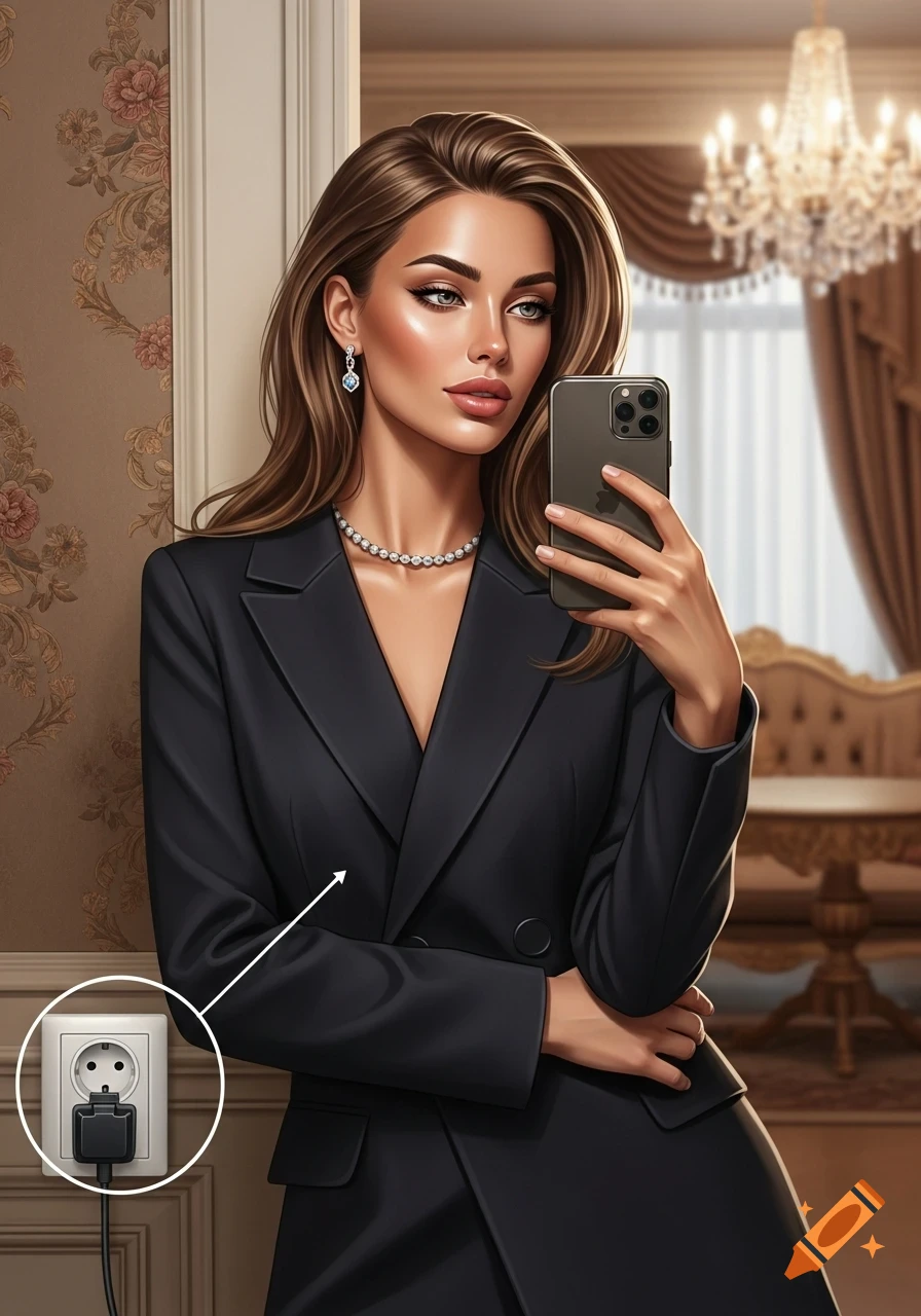 A stylish woman in a black suit takes a selfie with her phone, standing next to a wall with patterned wallpaper and a European power outlet.