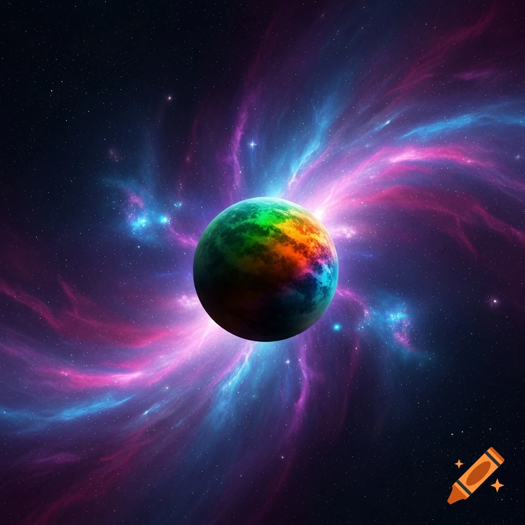 A vibrant, multicolored planet set against a backdrop of swirling pink, purple, and blue nebulae and countless stars.