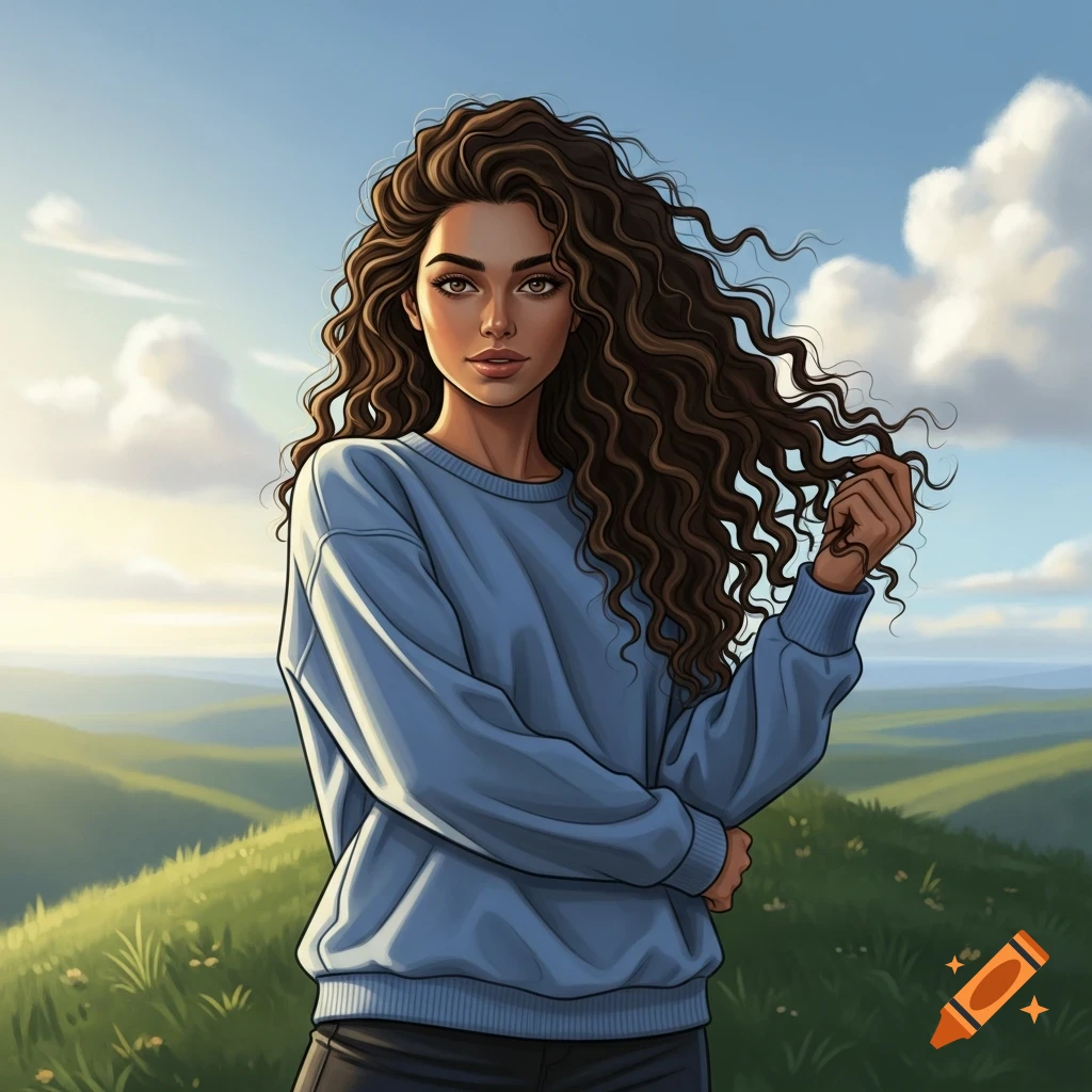 Digital art of a young woman with long curly brown hair in a blue ...